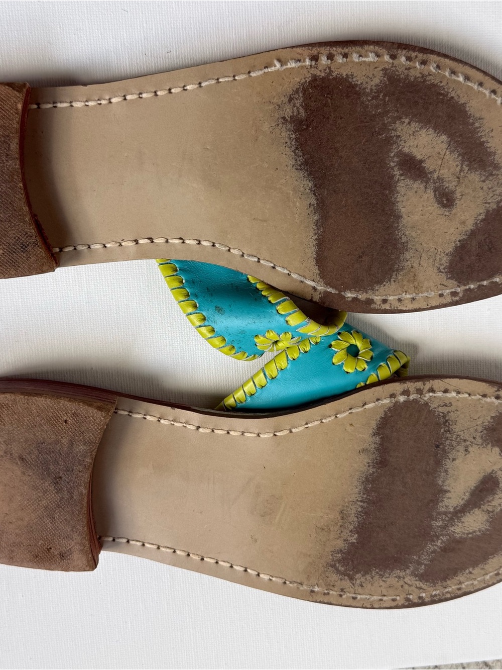 Jack Rogers Turquoise with Lime Trim Leather Thong Sandals - Picture 2 of 3